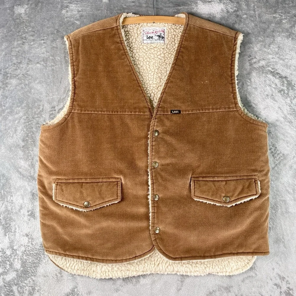 Vintage Lee Storm Rider Vest Mens Size L Brown Sherpa Lined Corduroy Made In USA